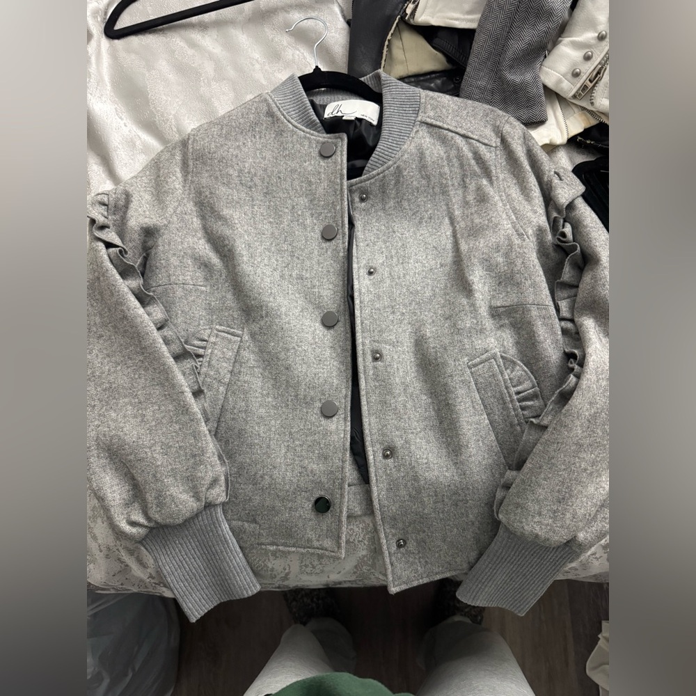Gray Ruffle Sleeve Bomber Jacket